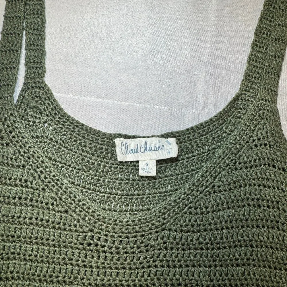 Olive Green Crochet Fringe Hem Tank Top Boho Festival Knit Women's Small Indie - Picture 3 of 11